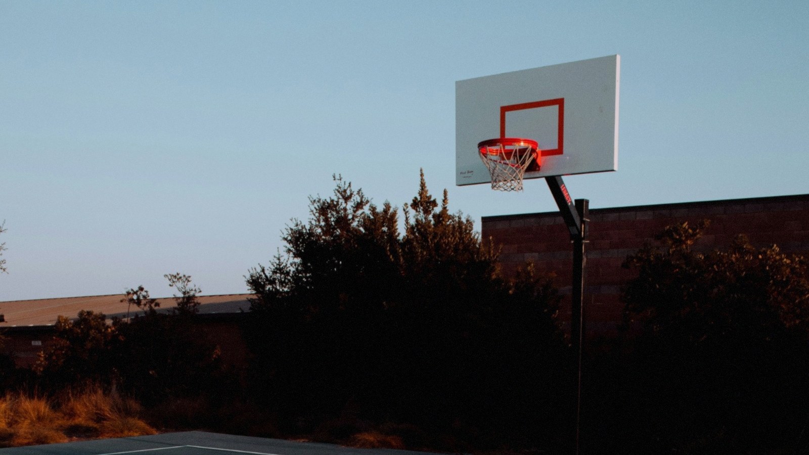 Basketball hoop against a dusk sky, processed with FilmGrainLab at ISO 400